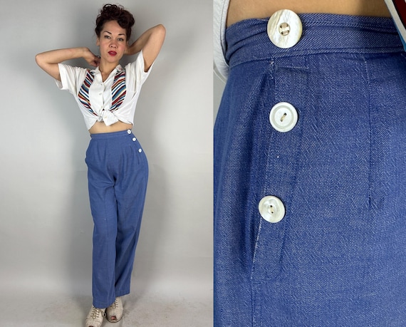 1930s Sporty Sally Sailing Slacks | Vintage 30s Cotton Chambray Blue Jeans Pants with White Shell Butons on the Side | Extra Small XS