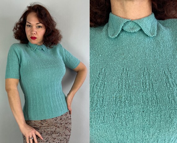 1950s Sultry Sweater Girl Blouse | Vintage 50s Robin's Egg Blue Wool Knit Shirt Top with Padded Shoulders and High Neck | Small Medium