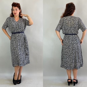 1940s Carla's Curly Q's Dress Vintage 40s Slate Blue and White Rayon Chiffon Faux Wrap Frock w/ Hip Swag & Smocking Large/Extra Large XL image 8