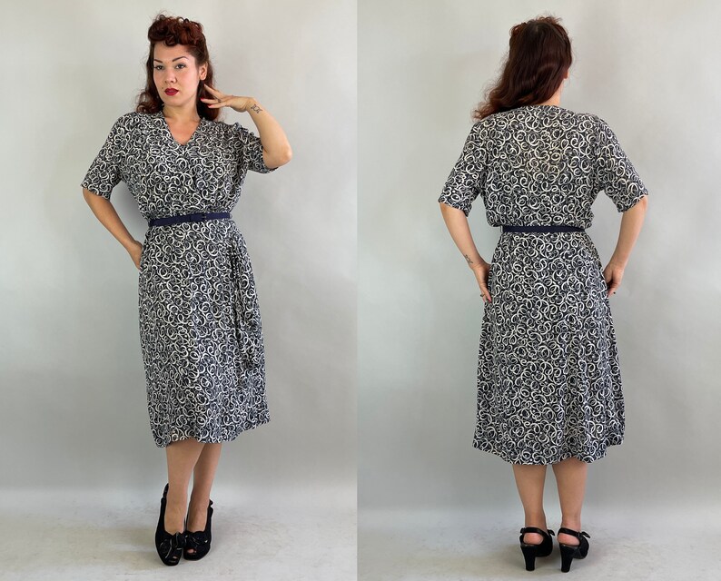 1940s Carla's Curly Q's Dress Vintage 40s Slate Blue and White Rayon Chiffon Faux Wrap Frock w/ Hip Swag & Smocking Large/Extra Large XL image 8