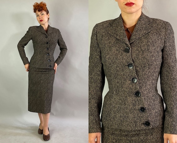 1930s Successful Samantha Static Suit | Vintage 30s Black and Beige Tweed Wool Asymmetric Button Jacket Skirt Set by “W&J Wilson” | Small