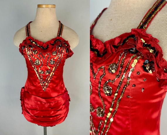 1950s Too Darn Hot Showgirl Costume | Vintage 50s Red Rayon Satin Leotard with Gold & Black Sequins Burlesque One Piece | Extra Small XS