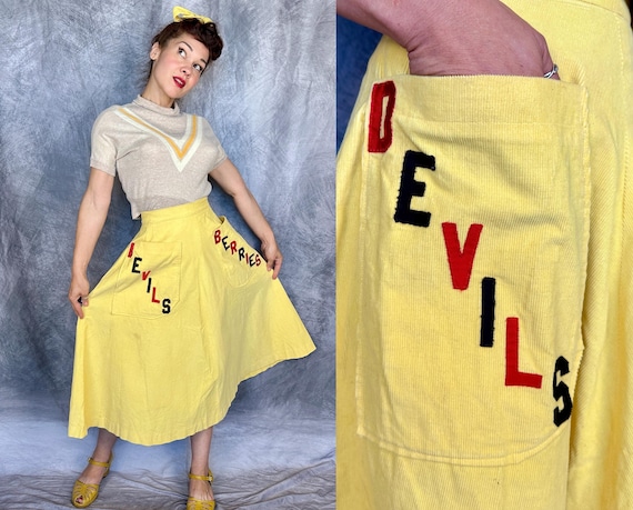 1950s Devils VS Berries Senior Cords | Vintage 50s Yellow Corduroy w Black Red Lettering Patch Pockets Skirt & Hair Bow Dated 1953! | Large