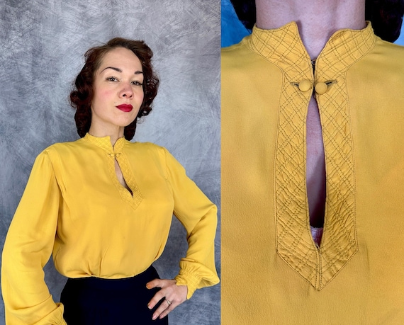 1940s The Perfect Match Blouse | Vintage 40s Yellow Rayon Crepe Poet Sleeve Button Back Shirt Top w/Diamond Check Quilting | Medium Large XL