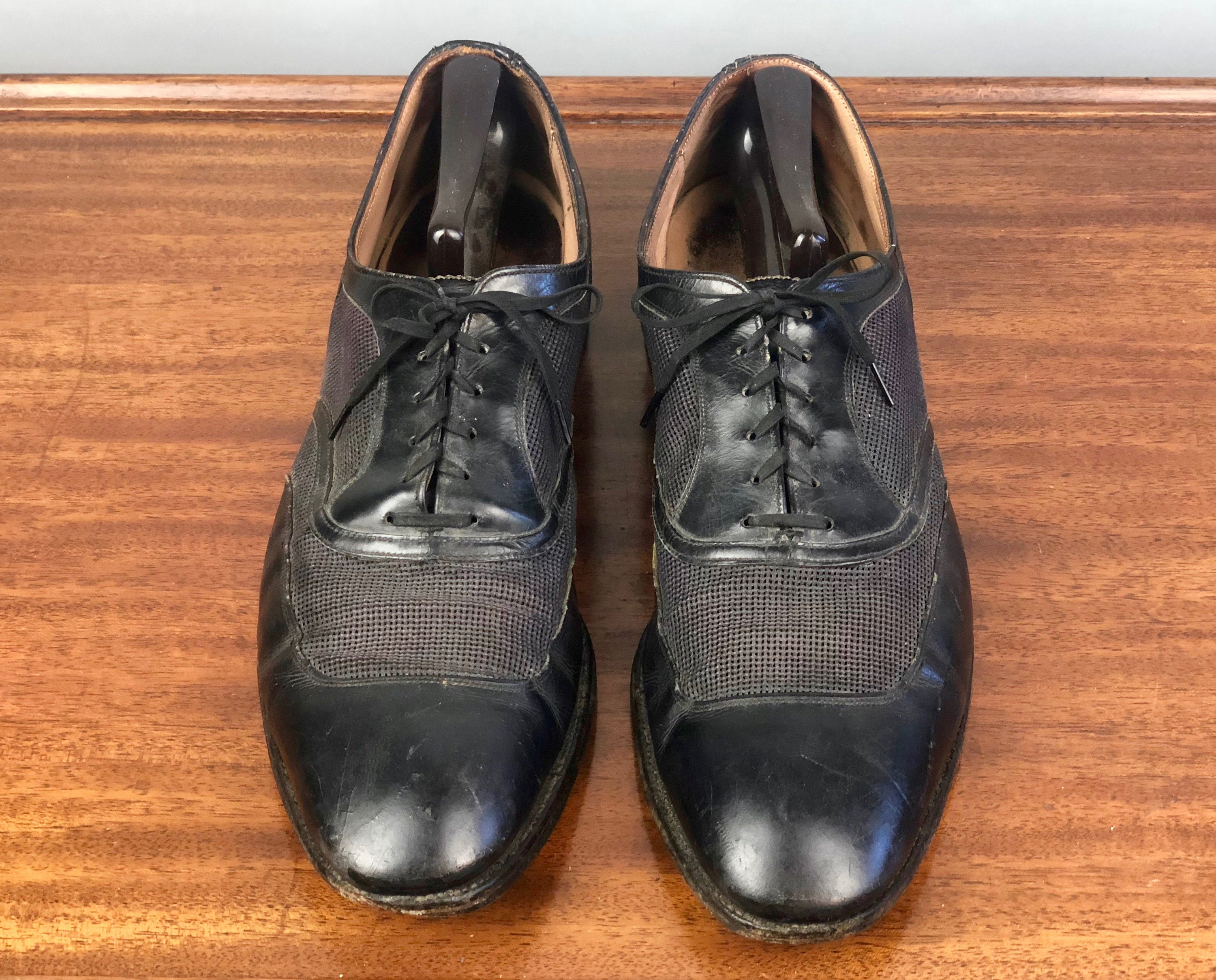 1940s Ventilated Mens Shoes | Vintage 40s Black Apron Toe 1940s Ventilated Mens Shoes | Vintage 40s Black Apron Toe