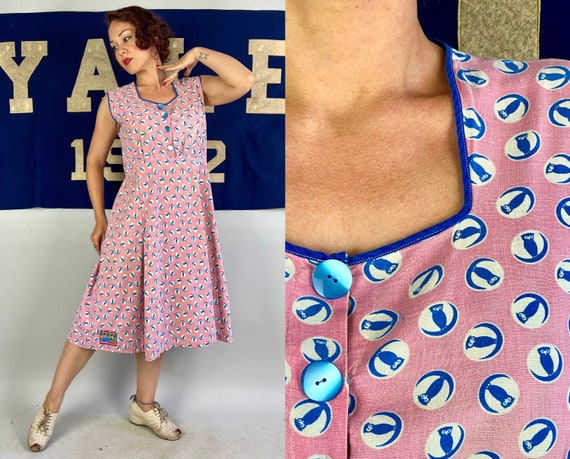 1930s Wise Old Owl Frock | Vintage 30s Pink White and Blue Sleeveless Feedsack Day Dress Bird in Moon Novelty Print | Large/Extra Large XL