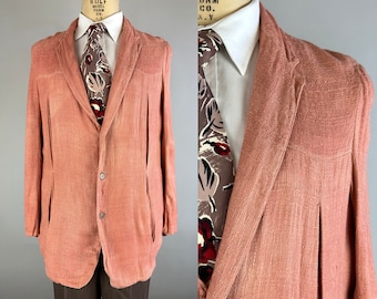 1950s Hep Hank's Hollywood Jacket | Vintage 50s Pink Textured Weave Rayon Leisure Carmel Loafer Blazer Sport Coat with Box Pleats | Medium