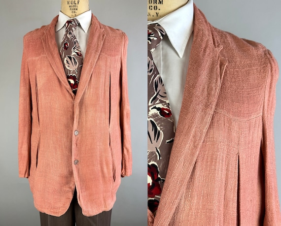 1950s Hep Hank's Hollywood Jacket | Vintage 50s Pink Textured Weave Rayon Leisure Carmel Loafer Blazer Sport Coat with Box Pleats | Medium