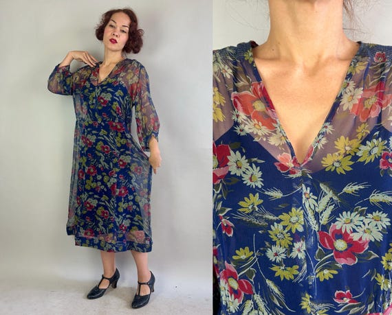 1920s Midnight in Bloom Dress | Vintage 20s Dark Blue Sheer Silk Chiffon Red Yellow White Floral Frock with Lantern Sleeves | Extra Large XL