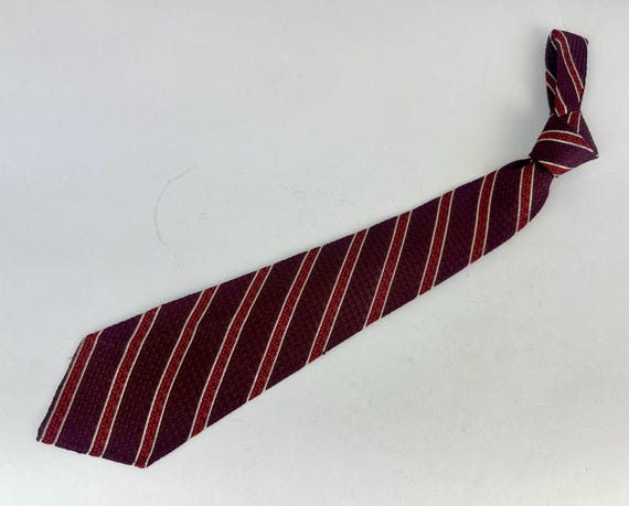 1930s Spiffy Stripes Necktie | Vintage 30s Pebble Texture Weave Silk Bias Striped Self Tie Cravat in Maroon Crimson and Silver