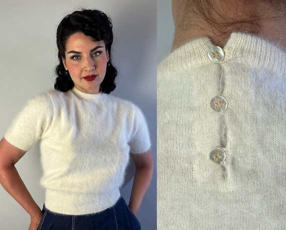 1950s Bombshell Bunny Sweater | Vintage 50s Angelic White Angora Halo Knit Short Sleeve Pullover Jumper Shirt Top | Small Medium Large