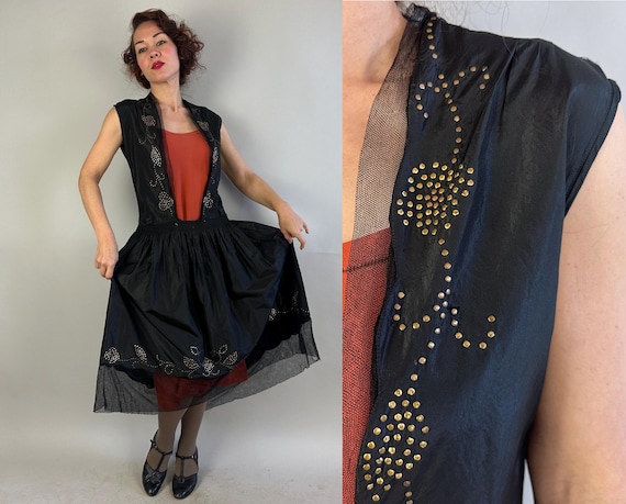 1920s Stun 'Em With Studs Dress Ensemble | Antique Vintage 20s Black Silk Taffeta Gold Studded Frock w/Tulle Trim and Orange Slip | Small