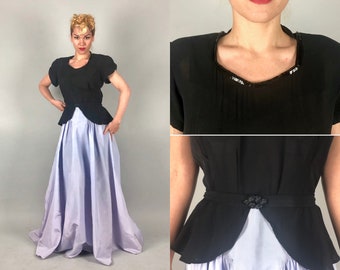 1930s Color Block Gown | Vintage 30s Two Tone Black & Periwinkle Gala Ball Dress with Sequin Peplum Top and Floor Length Skirt | Small