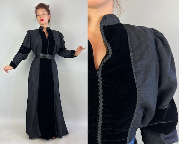 1800s Regal Raven Dress Ensemble | Victorian Antique Vintage Black Velvet and Fancy Woven Cotton Two Piece Bodice and Skirt Set | Small