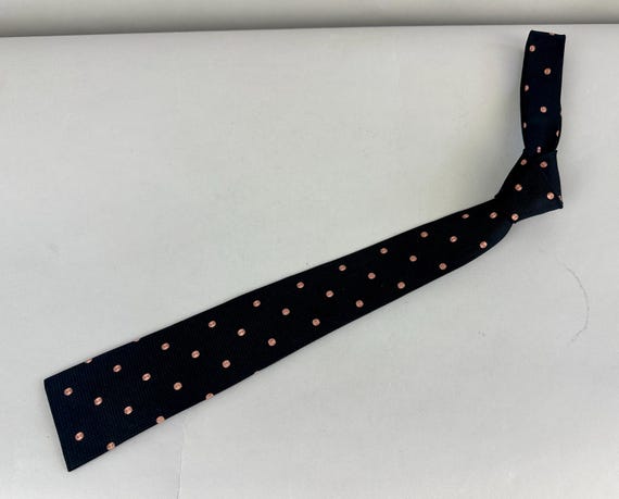 1950s Play Ball Necktie | Vintage 50s Hollywood Designer "Adrian" Black Silk Wave Jaquard with Pink Circles Square Flat End Self Tie Cravat