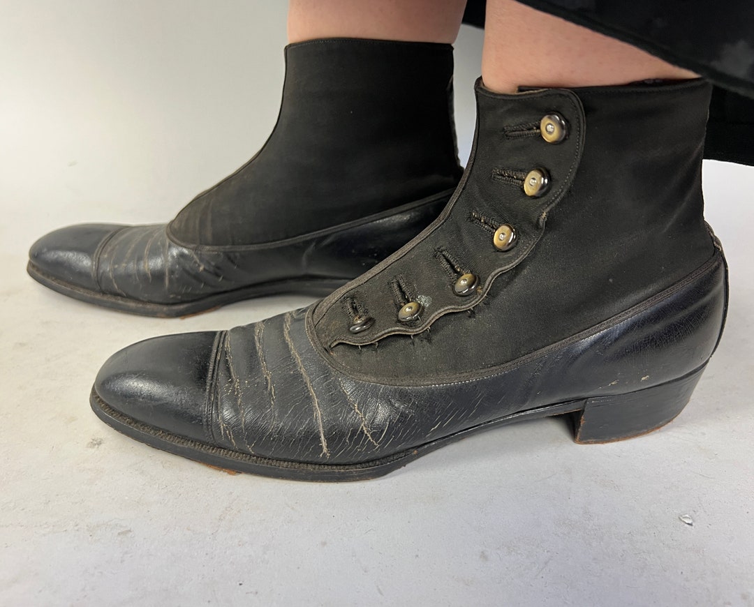 1900s Beautiful Button Boots Vintage Antique Victorian Edwardian Black Leather and Canvas Low