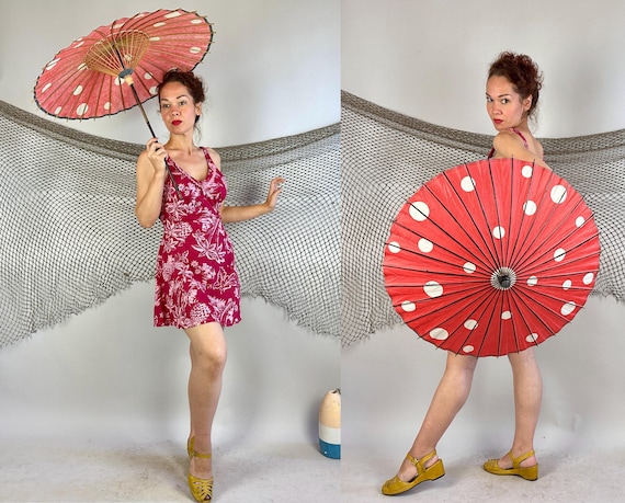 1930s Minnie's Polka Dot Parasol | Vintage 30s Tomato Red and White Spots Paper Sun Umbrella with Bamboo Handle