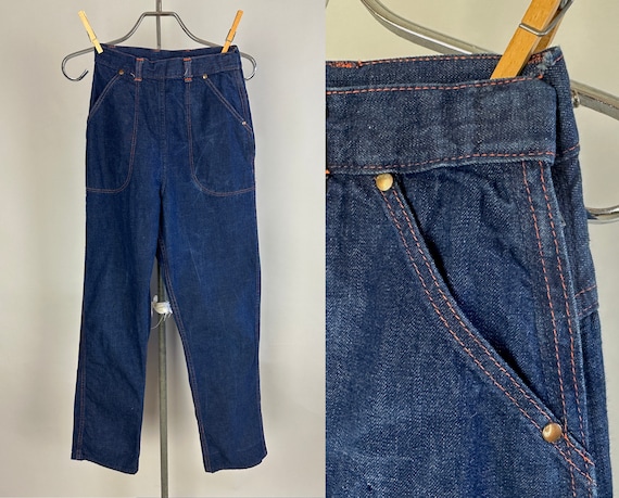 1950s Dance Till Dawn Dungarees | Vintage 50s Classic Blue Denim Jeans Pants w/Orange Top Stitching and Side Zipper | Extra Small XS