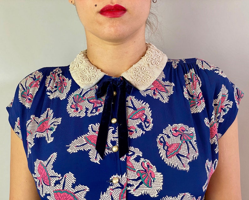 1940s Dancers Delight Dress Small Vintage 40s Midnight Blue With Pink and White Novelty Print Dancing Rayon Crepe Frock wLace Collar