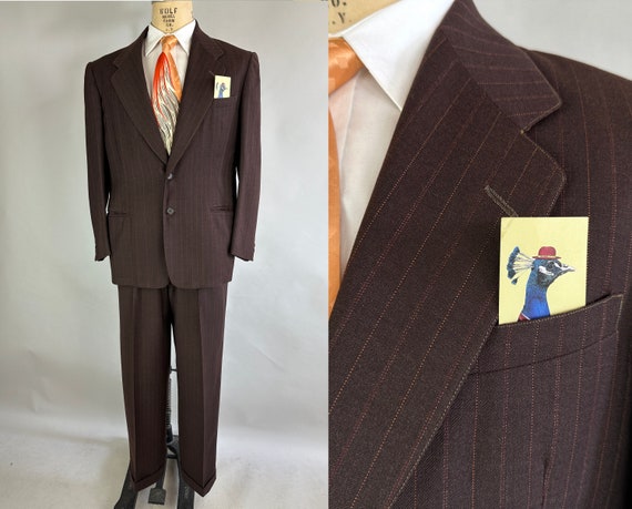 1940s Gumshoe Gary Suit | Vintage 40s Two-Piece Mahogany Brown with Red & White Pinstripes Jacket and Pants Set Dated 1947! | Size 42 Large