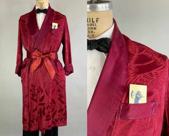 1940s Spin Me Right Round Smoking Jacket | Vintage 40s Ruby Red "Spinning Records" Silk Brocade Lounge Robe with Self Tie Belt| Medium Large