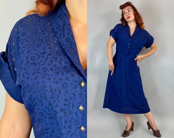 1940s Basking in Blue Dress | Vintage 40s Midnight Blue Semi Sheer Burnout Rayon Shirtwaist Frock with Brass Buttons and Pockets | Small