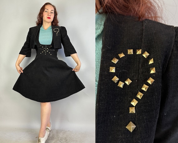 1930s Adorable Annabelle's Pinafore Jumper Ensemble | Vintage 30s Black Corduroy Studded Suspender Skirt and Jacket Dress Set | Small