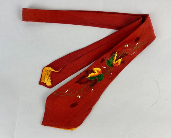 1940s Marvelous Maple Necktie | Vintage 40s Rust Orange Rayon Crepe Self Tie Cravat with Hand Painted Autumn Leaves & Acorns in Green + Gold