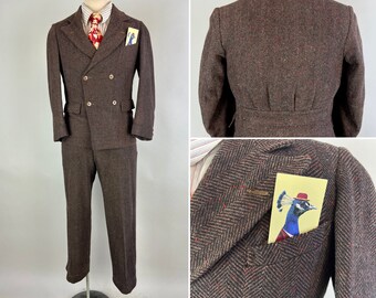 1930s Angels with Dirty Faces Belted Back Suit | Vintage 30s Brown Red Flecked Herringbone Tweed Wool Jacket & Trousers Set | Extra Small XS