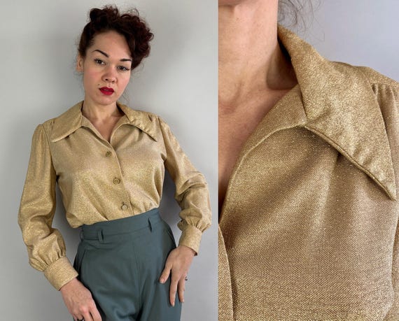 1950s Flashy Francessca Blouse | Vintage 50s Gold Lurex Sparkle Shiny Button Up Shirt Top with Wing Collar and Gathered Yoke | Medium