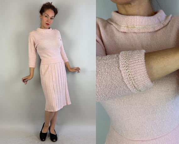 1950s Penny's Perfect Pink Knit Set | Vintage 50s 2 Piece Boucle Wool Knitwear Sweater and Skirt with Openwork Collar and Cuffs Trim | Large