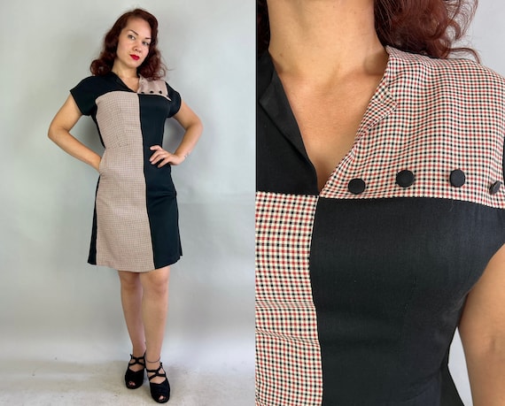 1940s Plaid Block Frock | Vintage 40s Black Red and White Asymmetric Sectioned Dress with Cap Sleeves and Decorative Buttons | Small