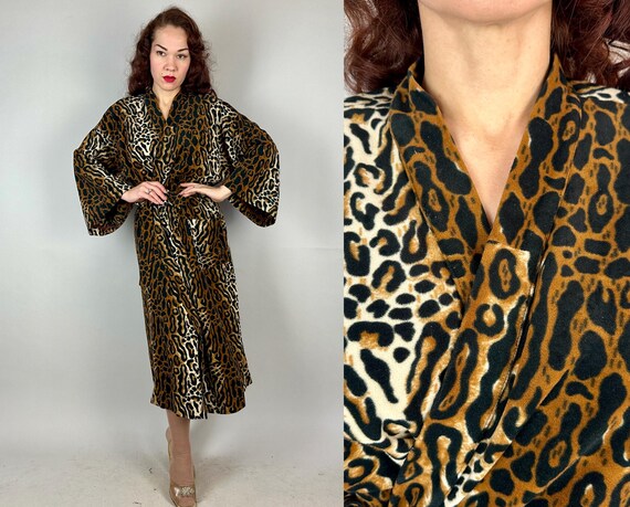 1960s Languid Leopard Robe | Vintage 60s Big Cat Animal Print Flannel Lounge Coat Coverup with Sash Belt | Large Extra Large XL Volup