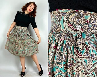 1930s Pretty in Paisley Skirt | Vintage 30s Blue White Black and Pink Printed Rayon Jersey Casual Skirt with Wide Waist Band | Small