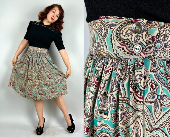 1930s Pretty in Paisley Skirt | Vintage 30s Blue White Black and Pink Printed Rayon Jersey Casual Skirt with Wide Waist Band | Small