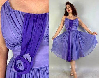 1950s Sexy Summer Soiree Dress | Vintage 50s Purple Silk Chiffon Spaghetti Strap Fluffy Skirt Party Color Block Frock with Flower | Small