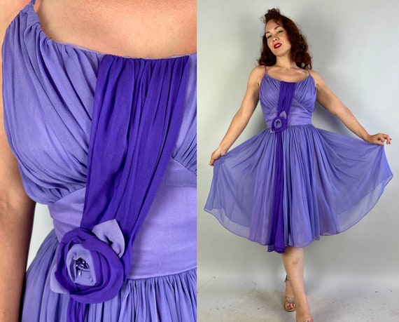 1950s Sexy Summer Soiree Dress | Vintage 50s Purple Silk Chiffon Spaghetti Strap Fluffy Skirt Party Color Block Frock with Flower | Small