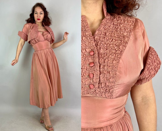 1950s Pretty in Pink Dress Ensemble | Vintage 50s Iridescent Rose Rayon Taffeta Textured Bolero Jacket and Strappy Frock  | Extra Small XS