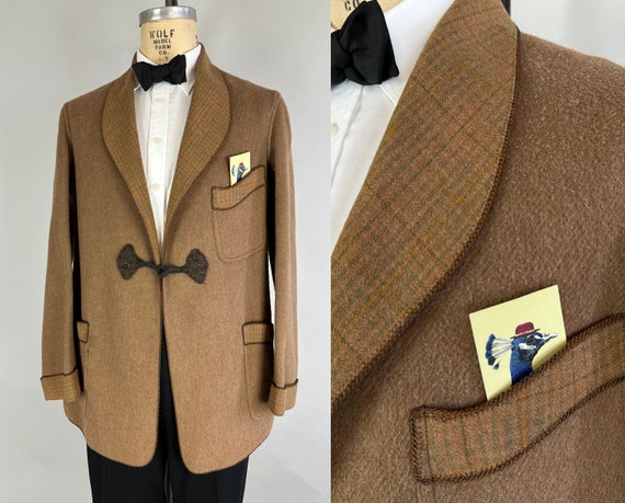 1920s Gentleman's Delight Smoking Jacket | Vintage Antique 20s Fawn Wool w/ Sage Green & Orange Plaid Accents Lounge Blazer | Medium Large