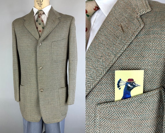 1940s Diamond Dave Sport Coat | Vintage 40s White Grey Blue and Beige Handwoven Twill Wool Single Breasted Jacket Blazer | Size 42 Large