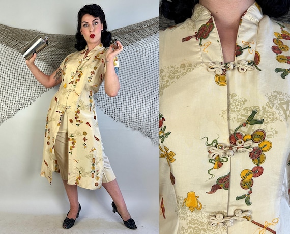 1950s Hostess on A Hawaiian Holiday Ensemble | Vintage 50s Deadstock Ecru Silk w/Feng Shui Coins Print Tea Timer Top & Capri Pants | Medium