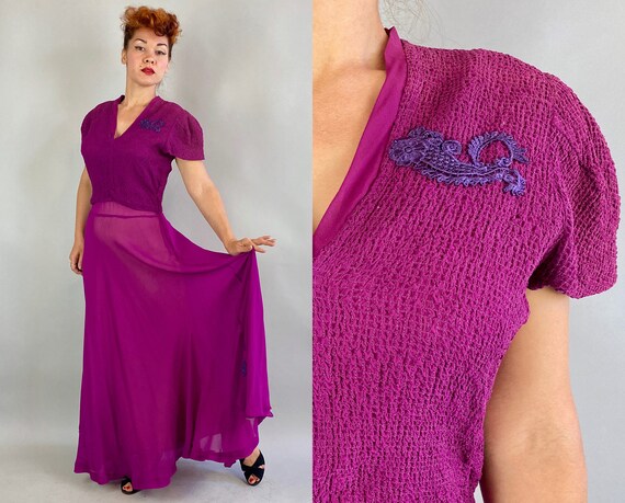 1940s Textural Treasure Gown | Vintage 40s Fuchsia