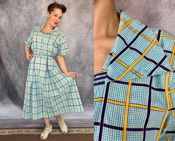 1940s Cherished Checks Frock | Vintage 40s Blue Yellow and White Gingham and Windowpane Plaid Cotton Button Up Dress w/Belt | Extra Large XL