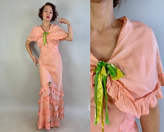 1930s Demure Dolly Gown | Vintage 30s Peach Pink Taffeta Capelet Empire Waist Formal Dress with Ruffles and Seafoam Green Bows | Large