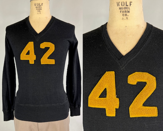 1940s Fantastic "42" Sweater | Vintage 40s Black Fine Wool Knit Collegiate V-Neck Pullover with Dated Yellow Number Chenille Patch | Small