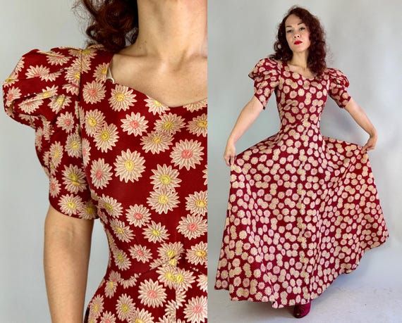 1930s Festive Feminine Gown | Vintage 30s Brick Red Pink and Yellow Floral Rayon Taffeta Evening Dress with Voluminous Puff Sleeves | Small