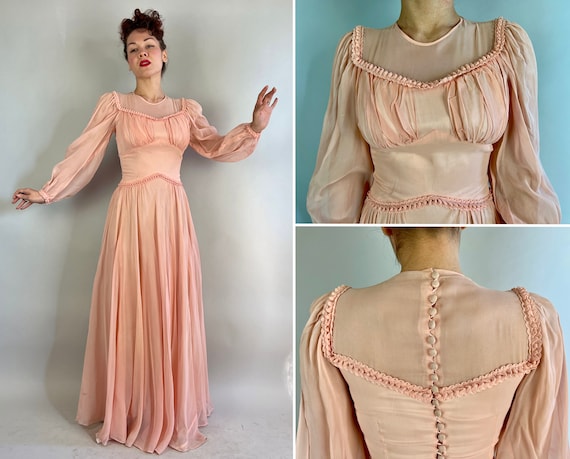 1940s Peachy Keen Gown | 40s Peach Pink Maxi Dress with Illusion Neckline, Long Puffed Balloon Sleeves, and Ruffle Trim Detail | Small