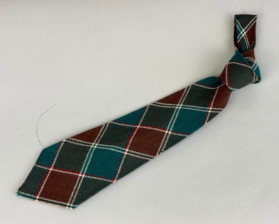 1930s Plaid Pines Necktie | Vintage 30s Green Brown and Red Tartan Plaid Woven Wool Self Tie Cravat by "Cohana" and "Style Manor"