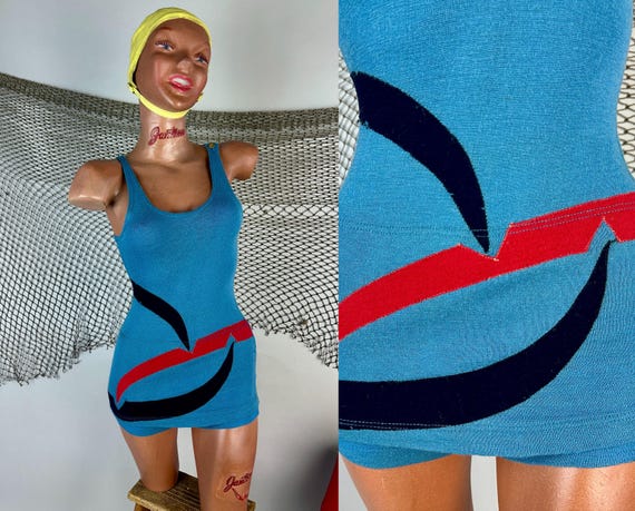 1920s Tide is High Swimsuit | Vintage 20s Ocean Blue Wool One Piece Bathing Suit with Navy Blue and Red Appliqué | Extra Small XS Small