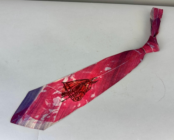 1940s Horsin' Around Necktie | Vintage 40s Pink and Purple Silk Novelty Self Tie Cravat with Hand Painted Brown Horse Equine